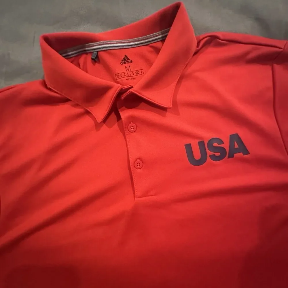 Adidas USA Golf Polo Mens M Short Sleeve Striped Red Embroidery Olympic Shirt